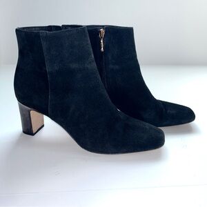 J MCLAUGHLIN BLACK SUEDE GLORIA ANKLE BOOTS W / TORTOISE HEEL SQUARE TOE- SIZE 9